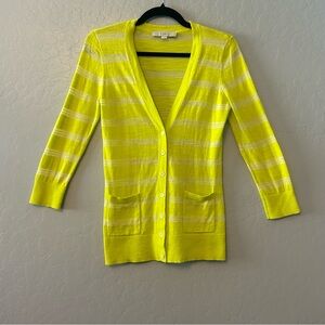 ⭐️Ann Taylor LOFT yellow green striped pocket front cardigan sweater size small
